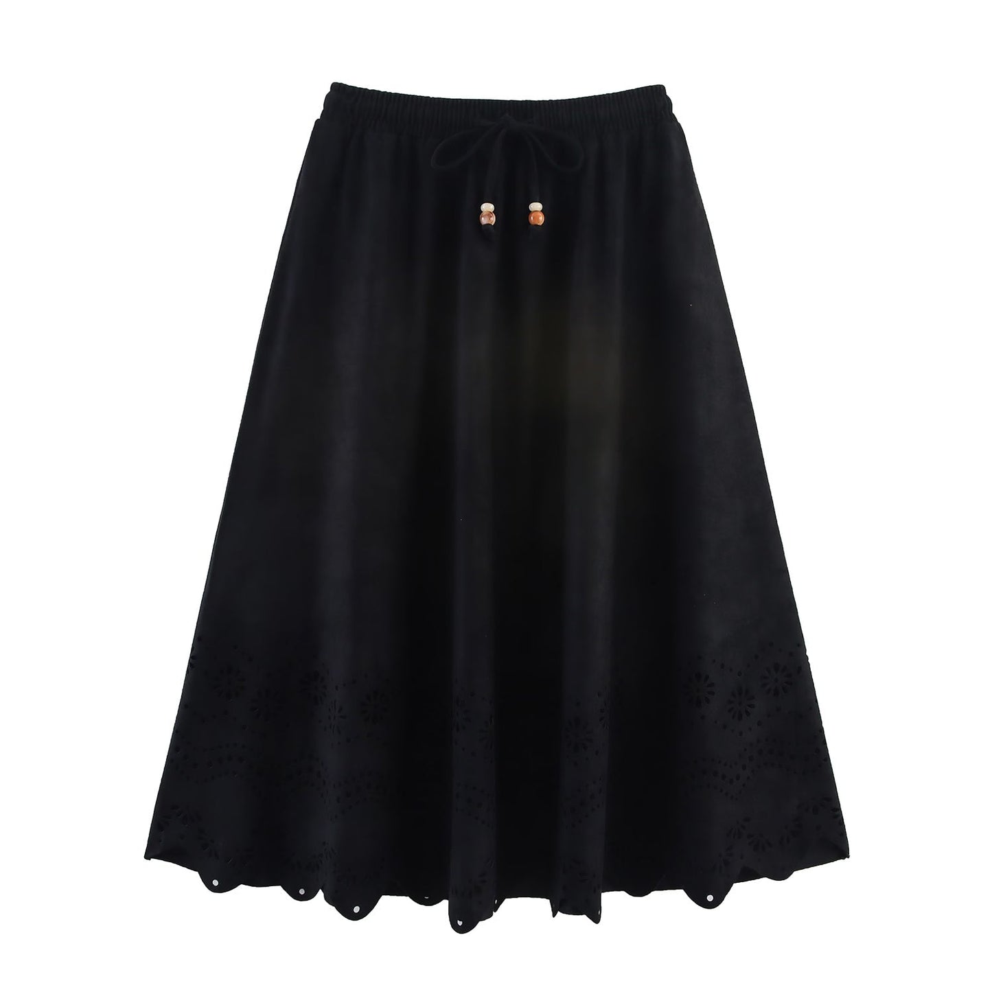 Women Clothing Autumn Retro Suede Laser Carved Hole Floral Vacation Skirt