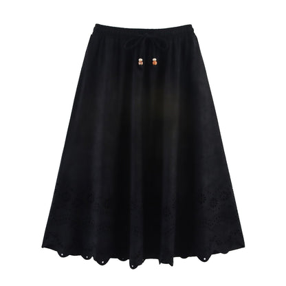 Women Clothing Autumn Retro Suede Laser Carved Hole Floral Vacation Skirt