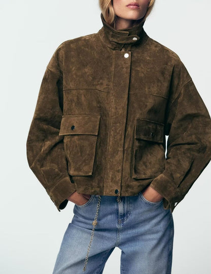 Women Clothing Autumn Retro Pure Leather Bomber Jacket Coat