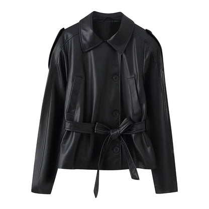 Women Clothing Fashionable Casual All Match Faux Leather Wind Breaker