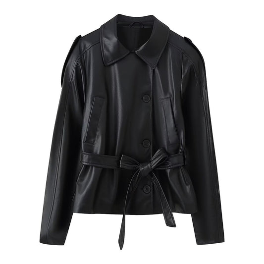 Women Clothing Fashionable Casual All Match Faux Leather Wind Breaker