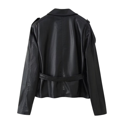 Women Clothing Fashionable Casual All Match Faux Leather Wind Breaker