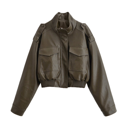 Women Clothing Casual Polo Collar Faux Leather Short Jacket
