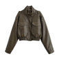 Women Clothing Casual Polo Collar Faux Leather Short Jacket