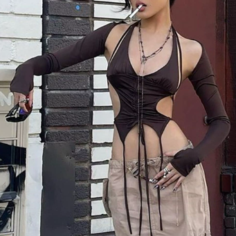 Women Clothing Long Sleeved Halter Backless Tied Slim Fit Solid Color T shirt