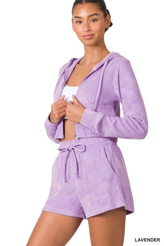 ZENANA Loop Terry Zip Up Cropped Hoodie & Shorts Set
