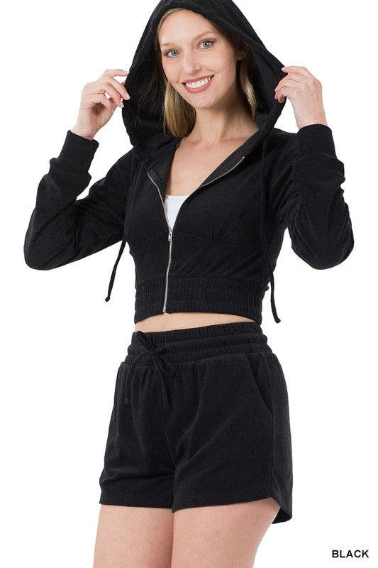 ZENANA Loop Terry Zip Up Cropped Hoodie & Shorts Set