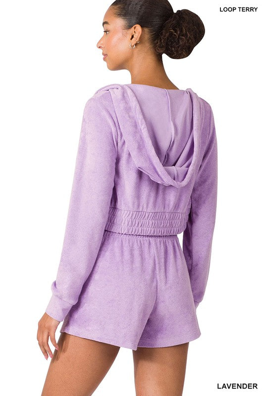 ZENANA Loop Terry Zip Up Cropped Hoodie & Shorts Set