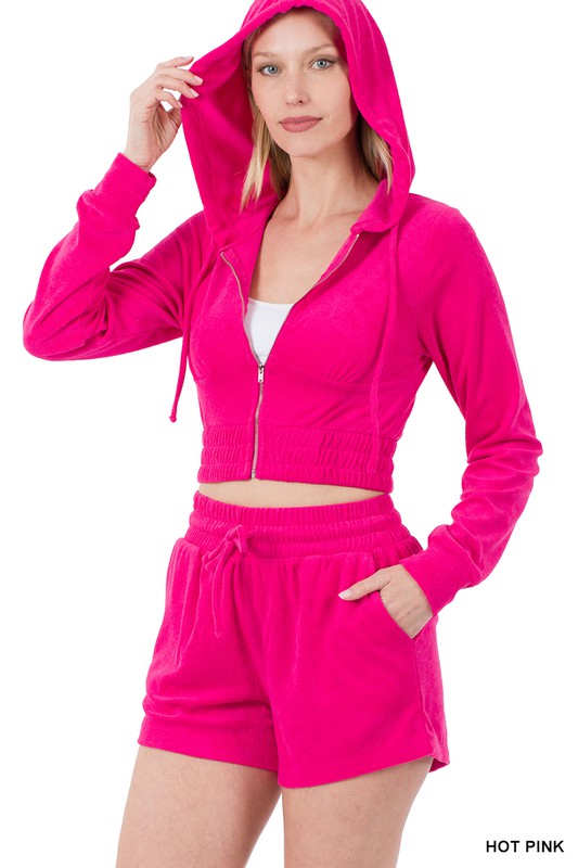ZENANA Loop Terry Zip Up Cropped Hoodie & Shorts Set