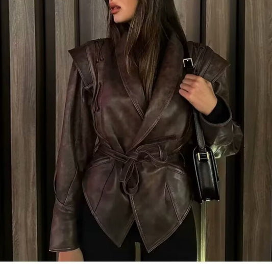 Women Autumn Winter Fashionable Leather Jacket Bomber Jacket Short Coat