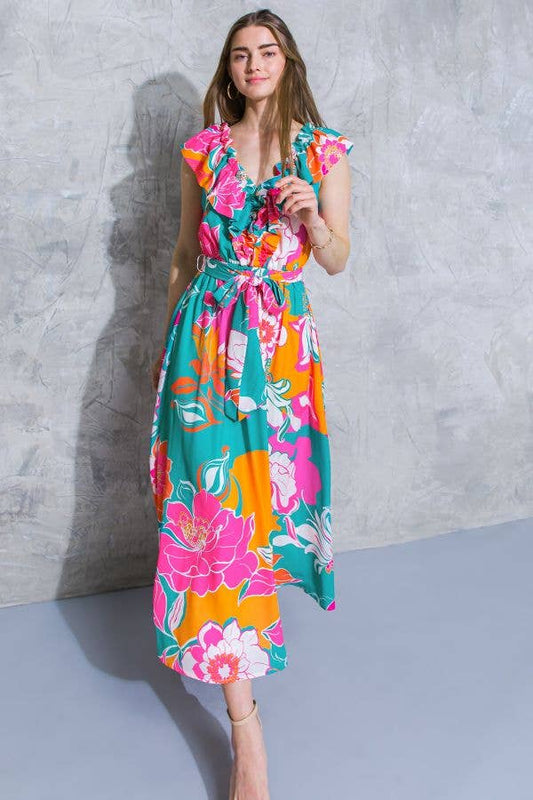 [Sizes SM-L] Floral Printed Woven Midi Dress in Teal Orange | Ruffled