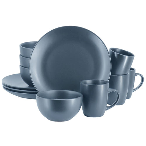 A 12 piece round stoneware dinnerware set in a matte blue finish, including four dinner plates, four salad plates, and four cups.