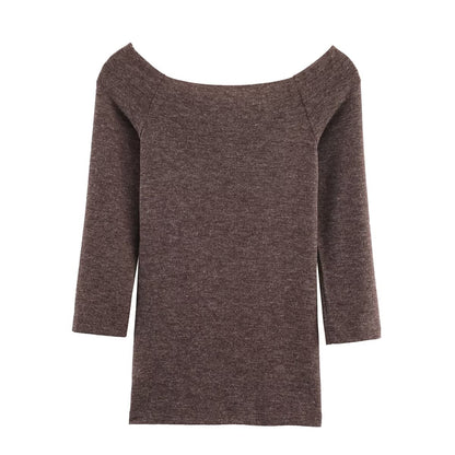 Women Clothing Fall Fashionable All Match Basic Mid Sleeve off Shoulder T shirt