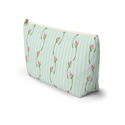 Customizable: Floral Print Accessory Pouch | Cute Makeup Bag, Travel Organizer, Gift for Her, Floral Clutch, Green Striped Bag