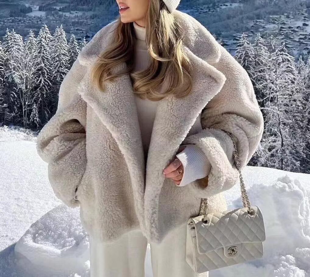 Women Street Polo Collar Top Furry Coat