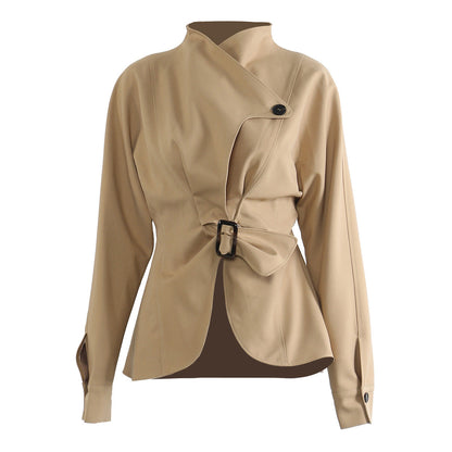 Autumn Winter Tight Waist Slimming Flounce Irregular Asymmetric Cutting Jacket Women