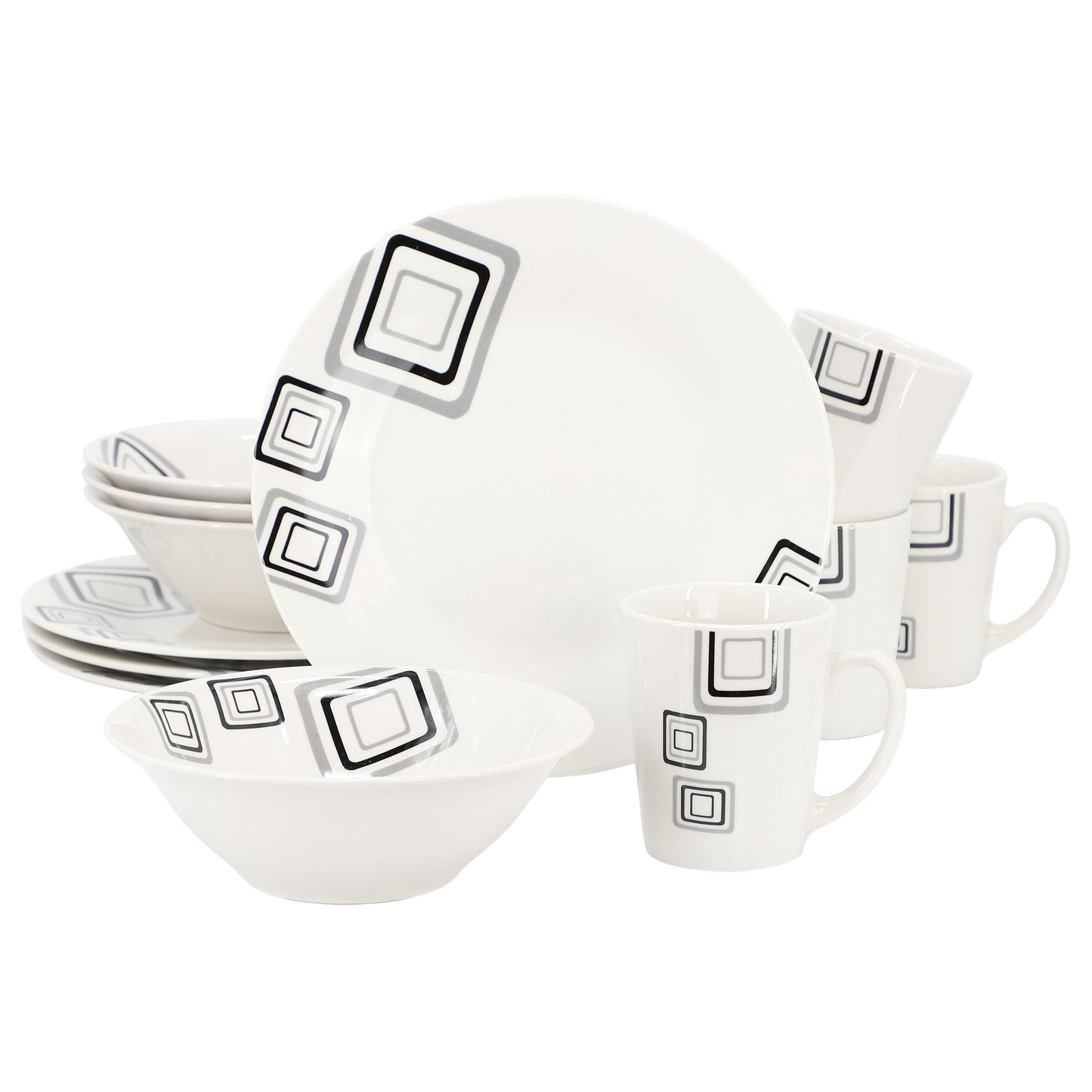 Gibson Home Black Squares 12 Piece Round Fine Ceramic Dinnerware Set