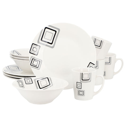 Gibson Home Black Squares 12 Piece Round Fine Ceramic Dinnerware Set