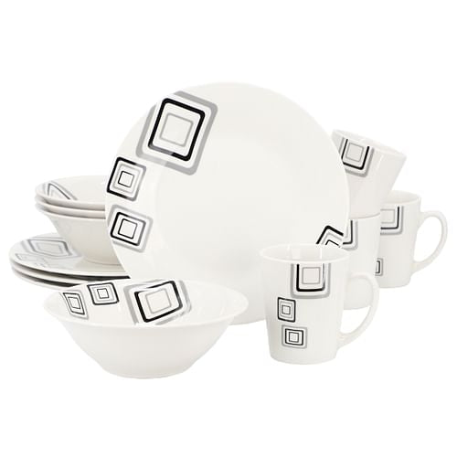 Gibson Home Black Squares 12 Piece Round Fine Ceramic Dinnerware Set