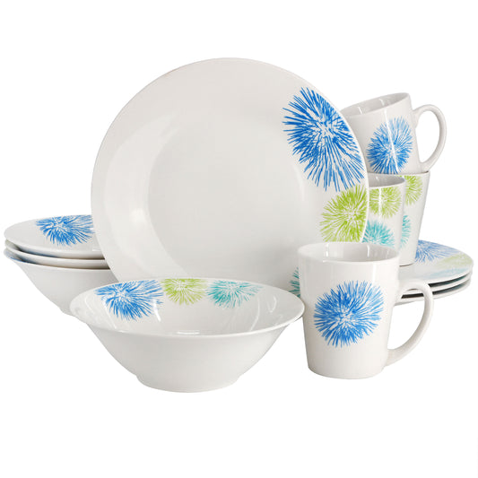Gibson Home Blue Meadow 12 Piece Fine Ceramic Dinnerware Set in White