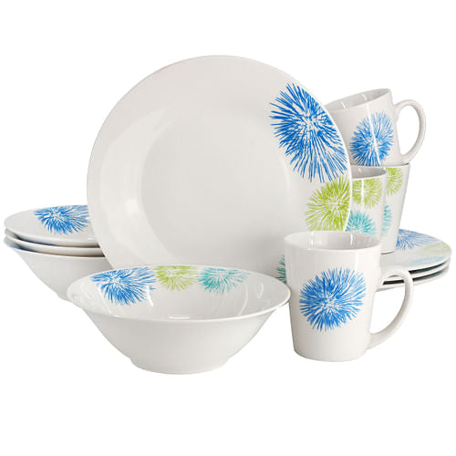Gibson Home Blue Meadow 12 Piece Fine Ceramic Dinnerware Set in White