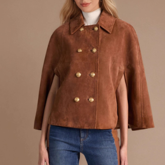 Retro Loose Design Double Row Metal Buckle Decorative Design Collared Brown Suede Cape Coat