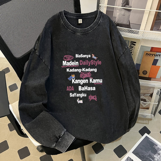 Heavy Autumn Hong Kong Trendy Brand Loose Retro Washed College Cotton round Neck Long Sleeves Top T shirt Women