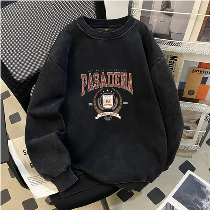 Autumn Winter Washable Cotton Cotton Cotton Composite Long Sleeved T shirt Special Interest Design Distressed Waxed round Neck Sweater