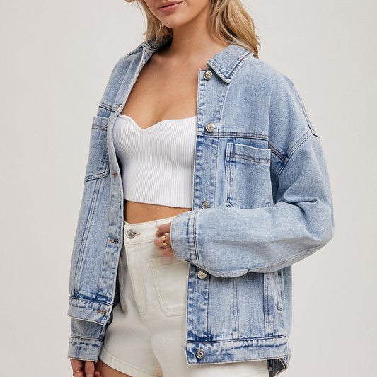 Denim Jacket Women Solid Color Loose Long Sleeves Washed Collared Denim Jacket