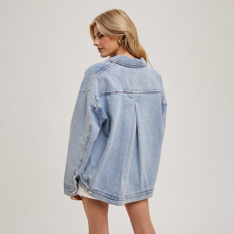 Denim Jacket Women Solid Color Loose Long Sleeves Washed Collared Denim Jacket