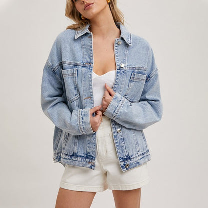 Denim Jacket Women Solid Color Loose Long Sleeves Washed Collared Denim Jacket