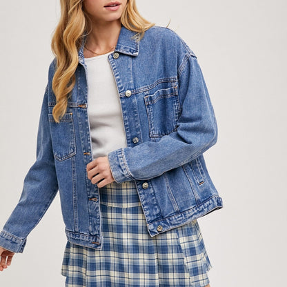 Denim Jacket Women Solid Color Loose Long Sleeves Washed Collared Denim Jacket