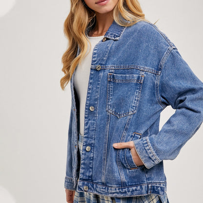 Denim Jacket Women Solid Color Loose Long Sleeves Washed Collared Denim Jacket
