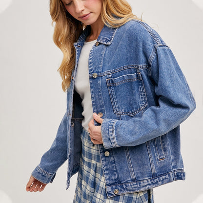 Denim Jacket Women Solid Color Loose Long Sleeves Washed Collared Denim Jacket