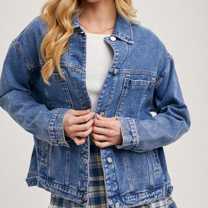 Denim Jacket Women Solid Color Loose Long Sleeves Washed Collared Denim Jacket