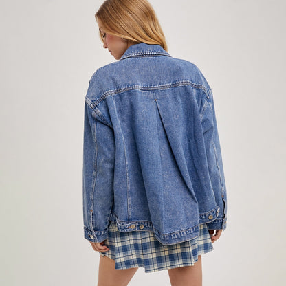 Denim Jacket Women Solid Color Loose Long Sleeves Washed Collared Denim Jacket