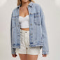 Denim Jacket Women Solid Color Loose Long Sleeves Washed Collared Denim Jacket