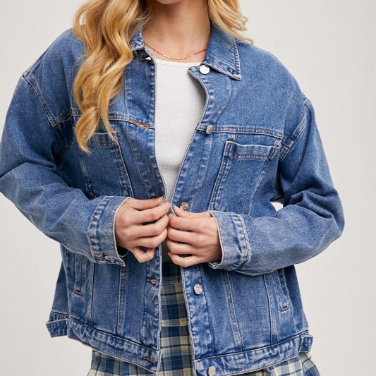 Denim Jacket Women Solid Color Loose Long Sleeves Washed Collared Denim Jacket