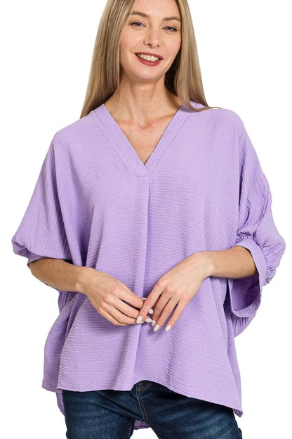 Zenana Woven Airflow V-neck Puff Half Sleeve Top in Lavender