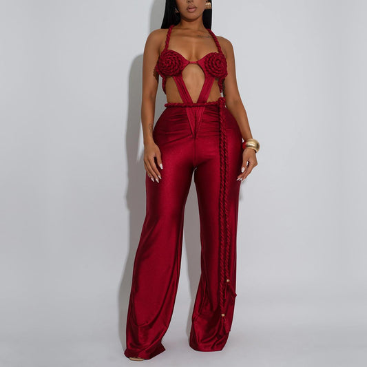 Women Wear Solid Color Sexy Bandeau Backless Lace up Jumpsuit