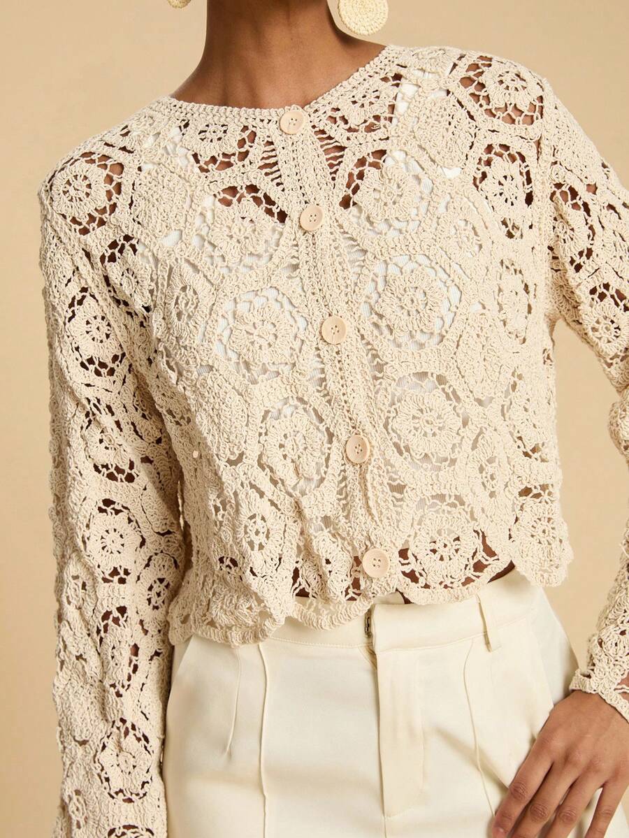 Women Knitted Openwork Long Sleeved Cardigan Outerwear Top