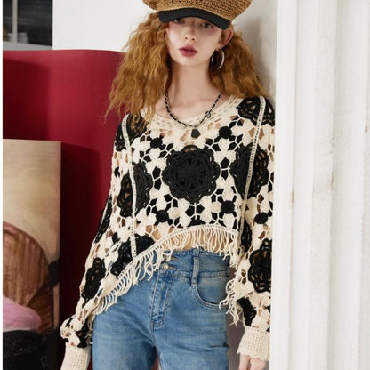 Women Knitted Openwork Fringed Casual Cardigan Top