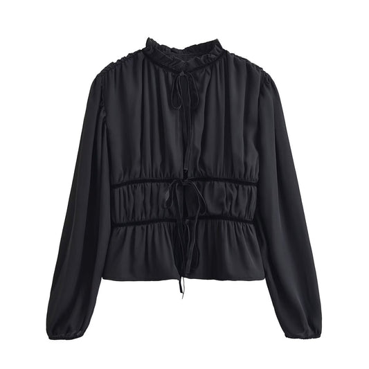 Women Clothing Autumn Vintage Bow Decorative Lining Women Top