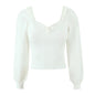 Winter French Vintage Court Ruffled Square Cut Collar Lace up Rib Sweater