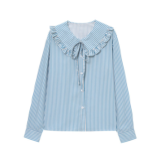Spring Wooden Ear Women Striped Shirt Doll Collar Elegant
