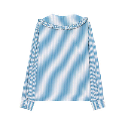 Spring Wooden Ear Women Striped Shirt Doll Collar Elegant