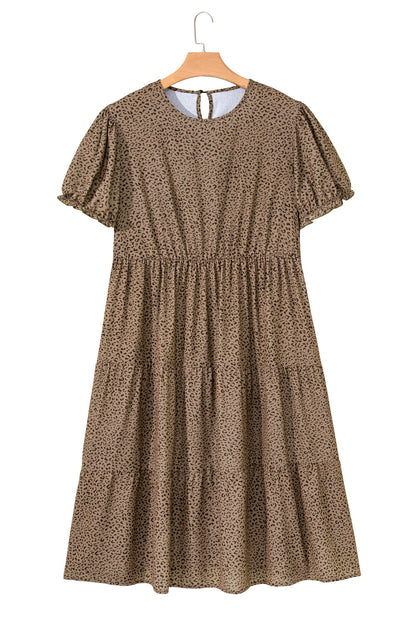 Beige Plus Size Leopard Print Frill Trim Short Sleeve Flared Dress