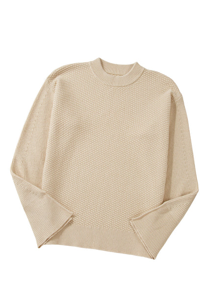 Parchment Knit Women's Top with Solid Textured Design and Split Cuff Drop Shoulder