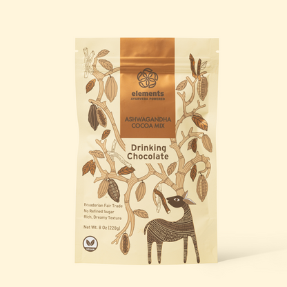 Elements Drinking Chocolate package with cacao plant illustration on a beige background