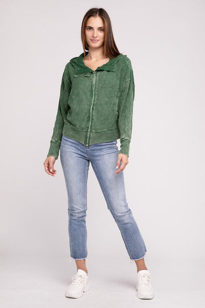 ZENANA Acid Wash Cotton Waffle Hooded Zip-Up Jacket